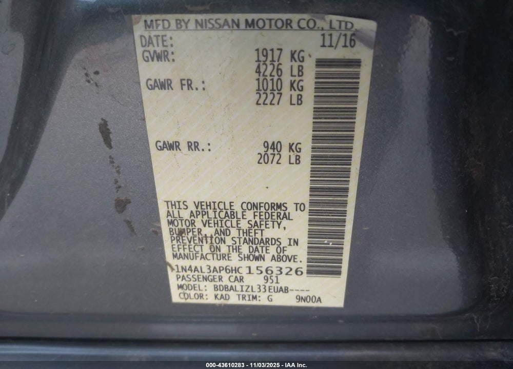 2017 NISSAN ALTIMA 2.5 SV VIN: 1N4AL3AP6HC156326