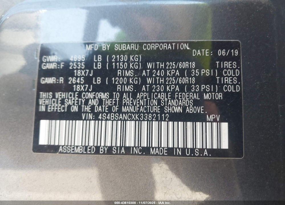 2019 SUBARU OUTBACK 2.5I LIMITED VIN: 4S4BSANCXK3382112