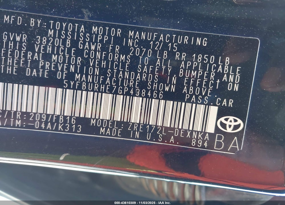 2016 TOYOTA COROLLA LE VIN: 5YFBURHE7GP438466