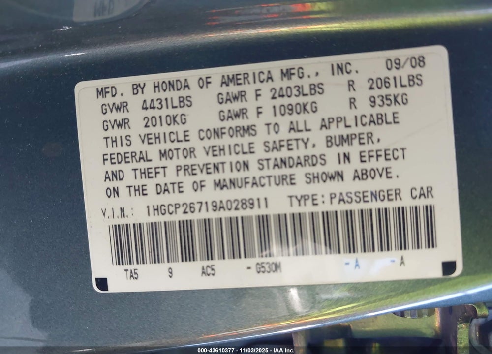 2009 HONDA ACCORD 2.4 EX VIN: 1HGCP26719A028911