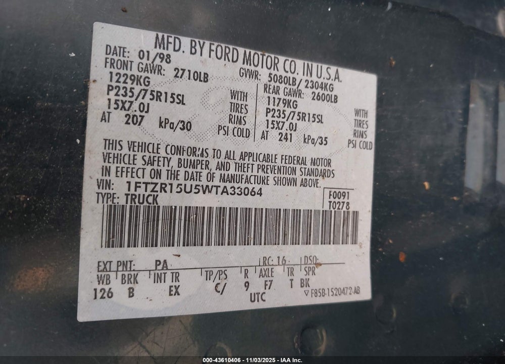 1998 FORD RANGER SPLASH/XL/XLT VIN: 1FTZR15U5WTA33064