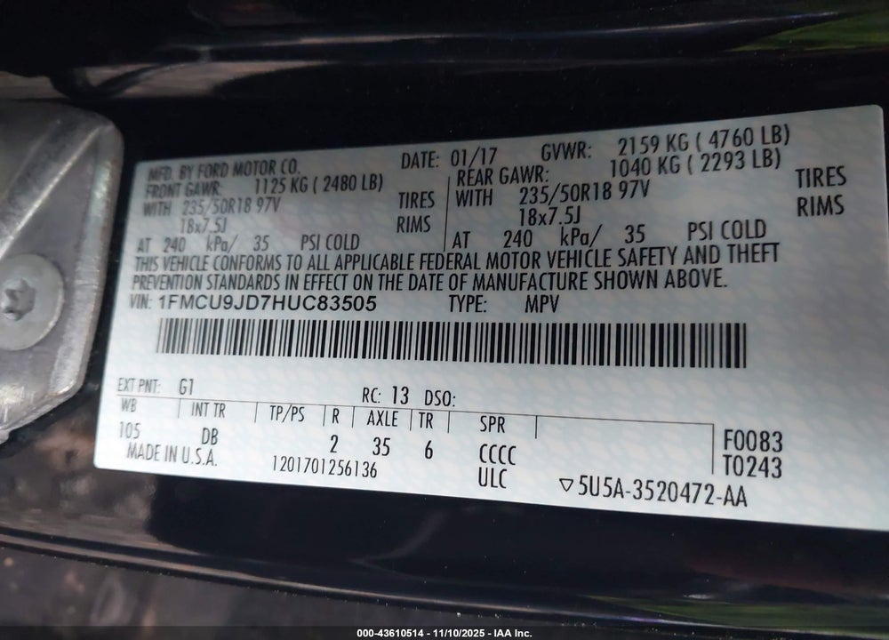 2017 FORD ESCAPE TITANIUM VIN: 1FMCU9JD7HUC83505