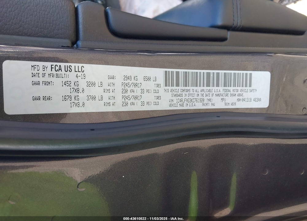 2019 JEEP GRAND CHEROKEE LAREDO E 4X4 VIN: 1C4RJFAG3KC761920