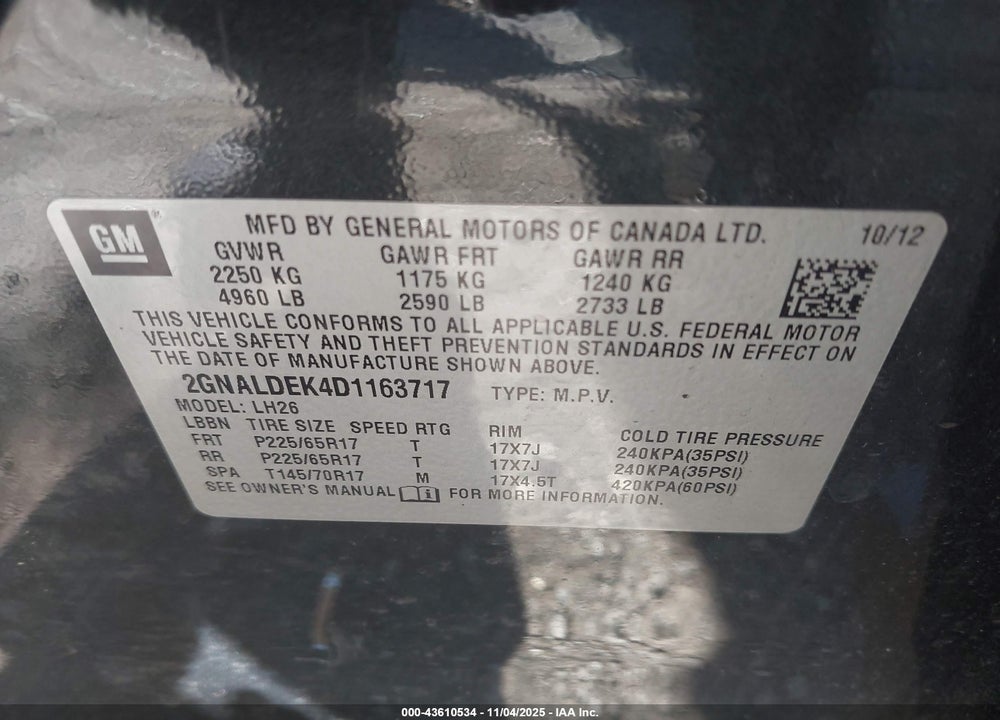 2013 CHEVROLET EQUINOX 1LT VIN: 2GNALDEK4D1163717
