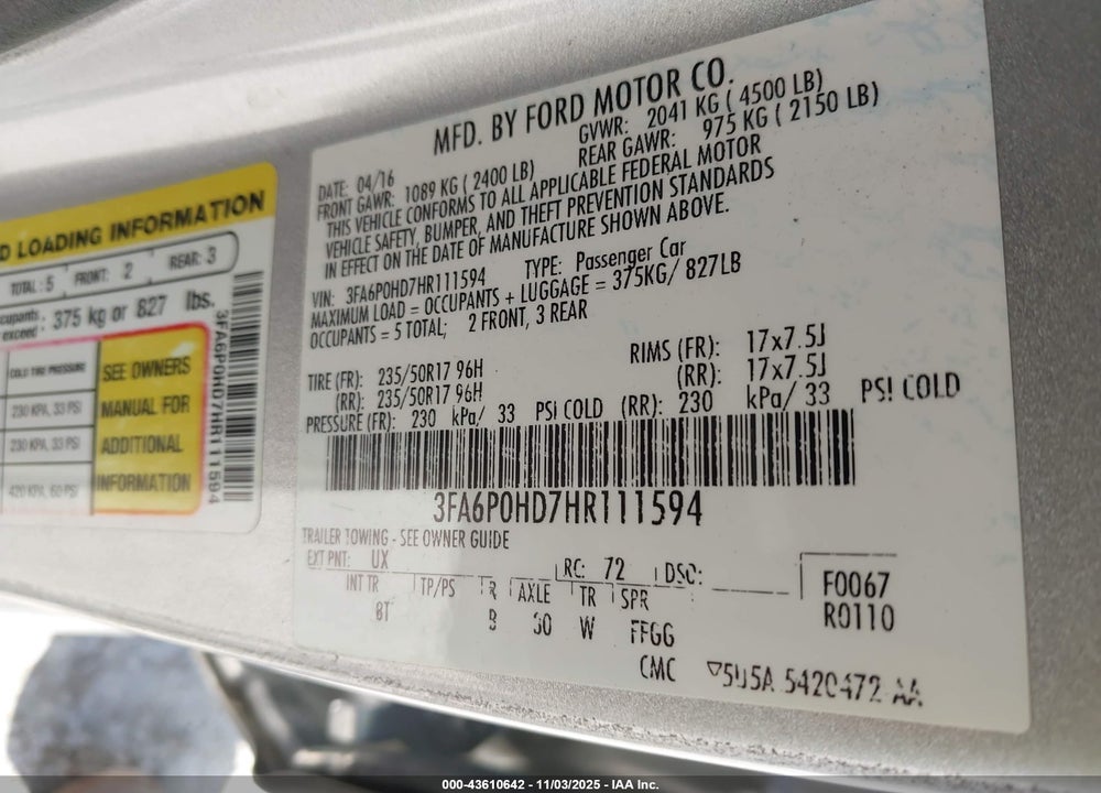 2017 FORD FUSION VIN: 3FA6P0HD7HR111594