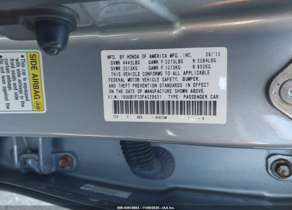 2015 ACURA TLX VIN: 19UUB1F33FA029631