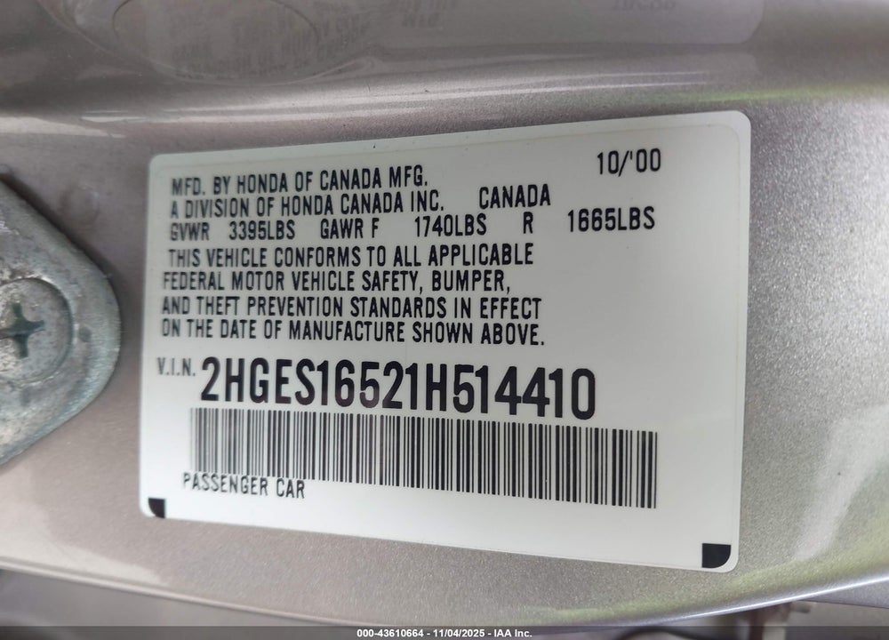 2001 HONDA CIVIC LX VIN: 2HGES16521H514410