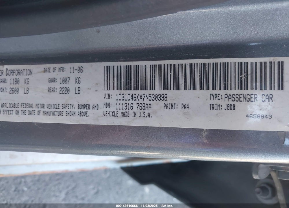 2007 CHRYSLER SEBRING VIN: 1C3LC46KX7N530398
