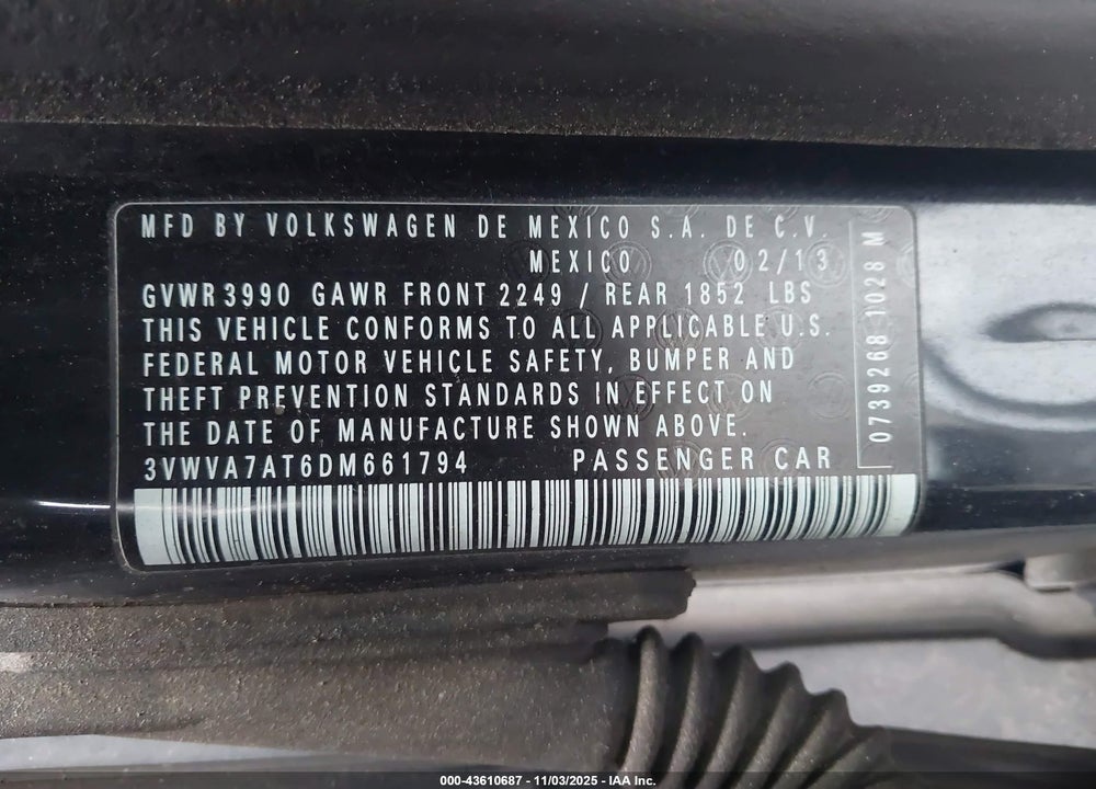 2013 VOLKSWAGEN BEETLE VIN: 3VWVA7AT6DM661794
