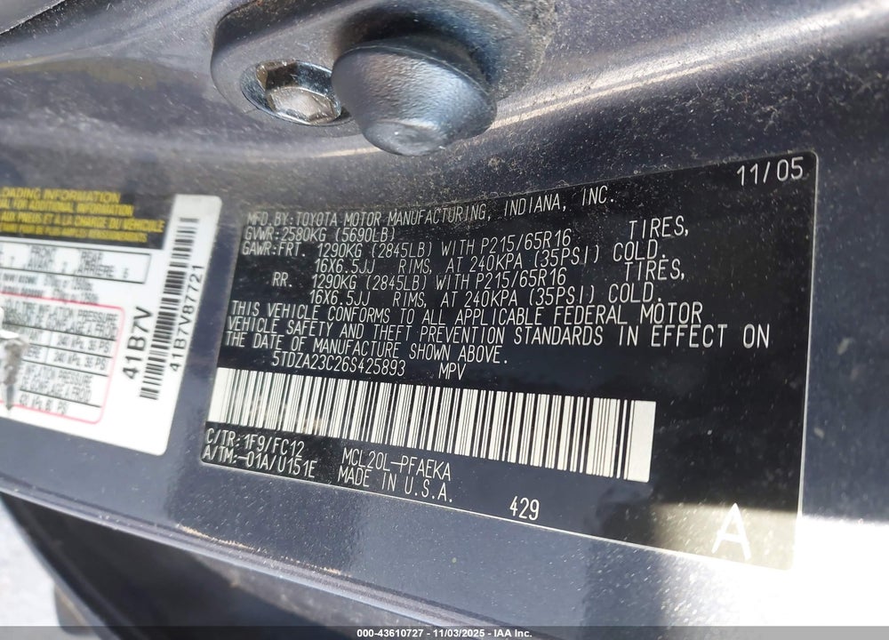 2006 TOYOTA SIENNA VIN: 5TDZA23C26S425893