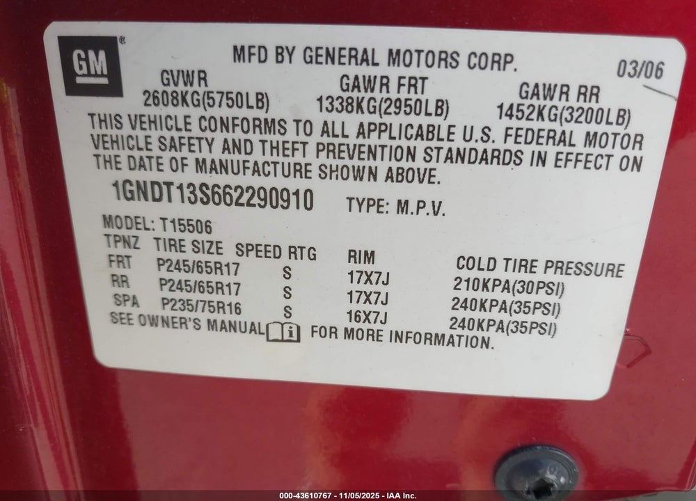 2006 CHEVROLET TRAILBLAZER VIN: 1GNDT13S662290910
