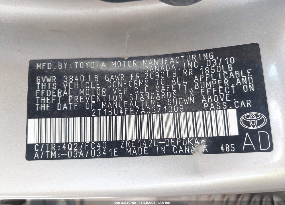 2010 TOYOTA COROLLA VIN: 2T1BU4EE7AC371009