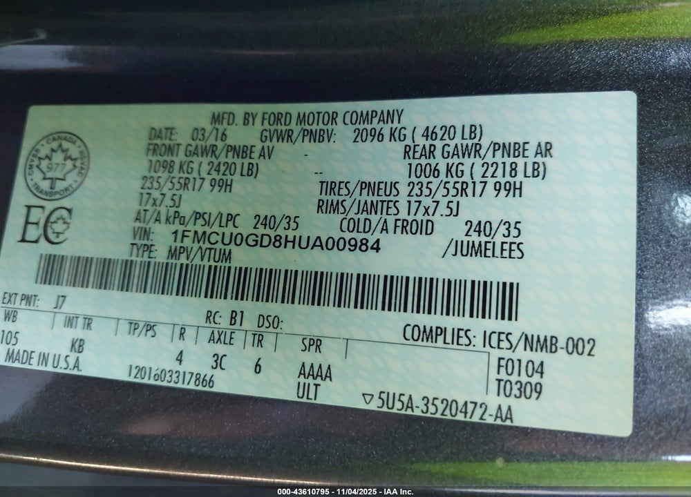 2017 FORD ESCAPE VIN: 1FMCU0GD8HUA00984