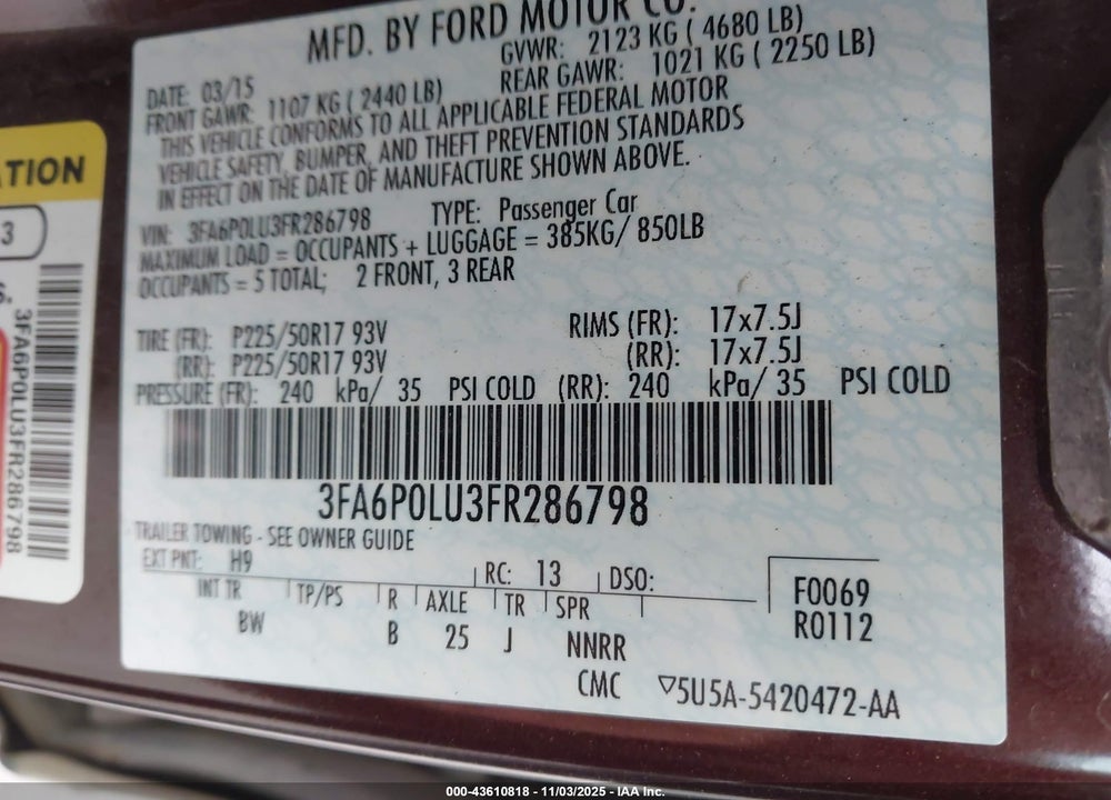 2015 FORD FUSION HYBRID SE VIN: 3FA6P0LU3FR286798