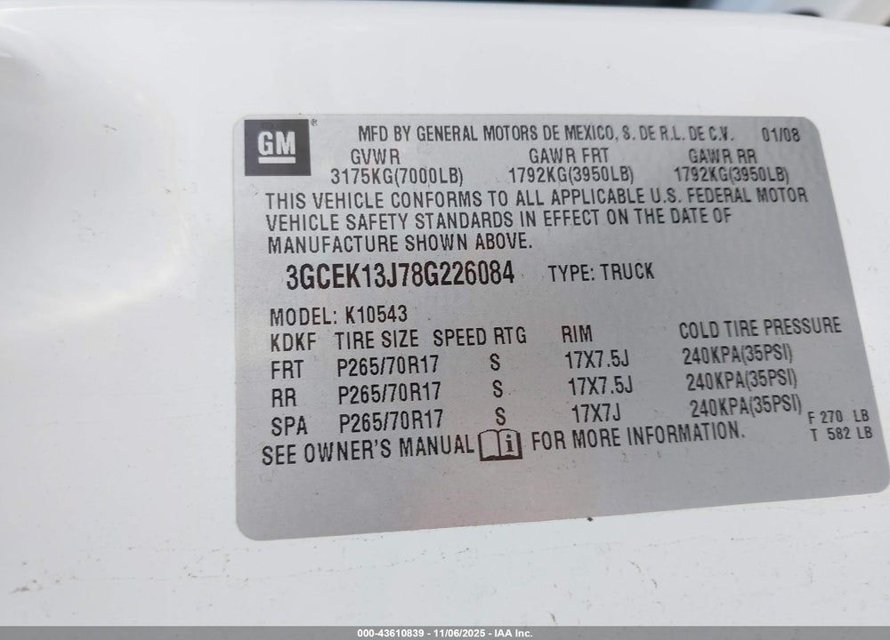 2008 CHEVROLET SILVERADO 1500 LT1 VIN: 3GCEK13J78G226084