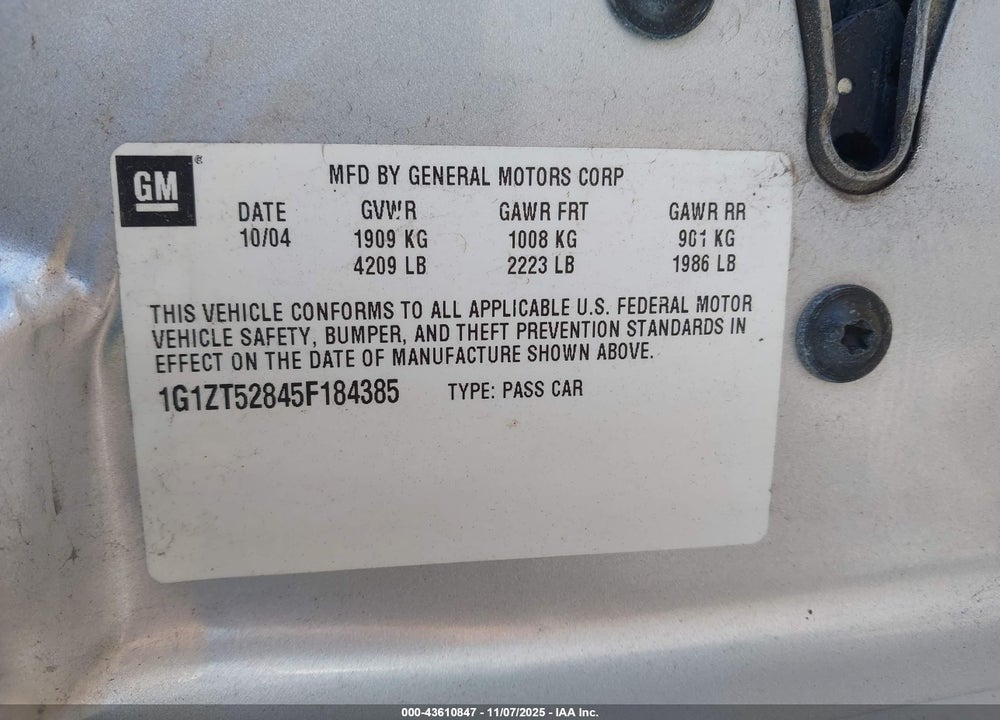 2005 CHEVROLET MALIBU LS VIN: 1G1ZT52845F184385