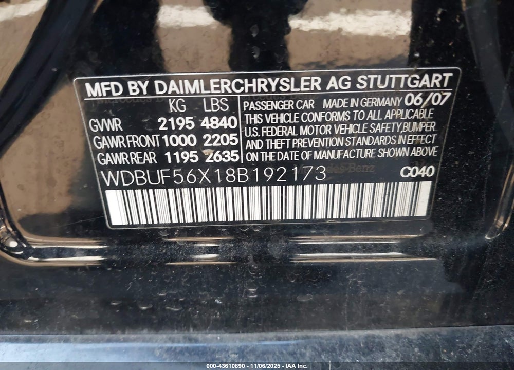 2008 MERCEDES-BENZ E 350 VIN: WDBUF56X18B192173