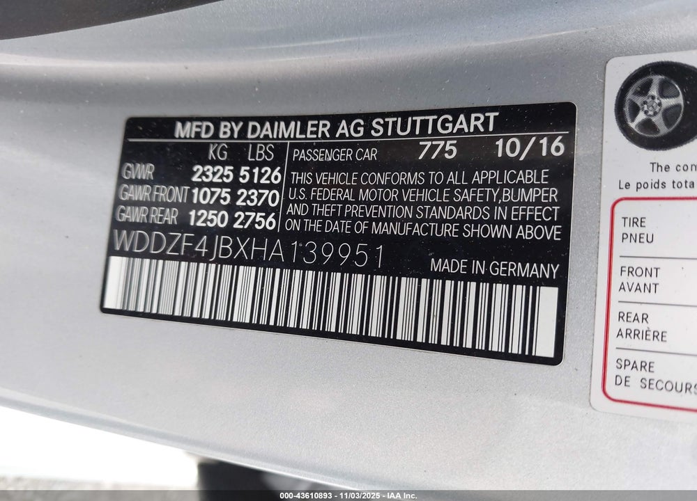2017 MERCEDES-BENZ E 300 VIN: WDDZF4JBXHA139951