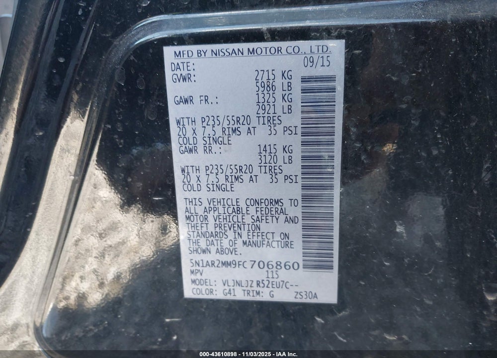 2015 NISSAN PATHFINDER PLATINUM VIN: 5N1AR2MM9FC706860