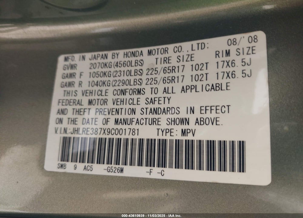 2009 HONDA CR-V EX-L VIN: JHLRE387X9C001781