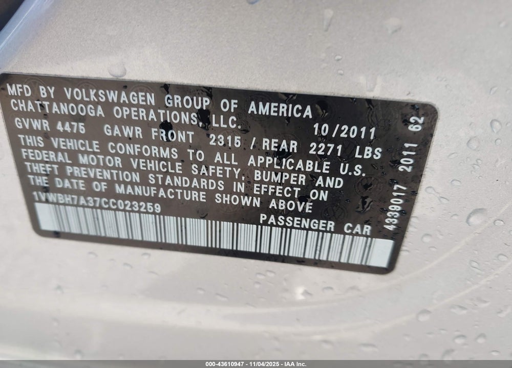 2012 VOLKSWAGEN PASSAT VIN: 1VWBH7A37CC023259