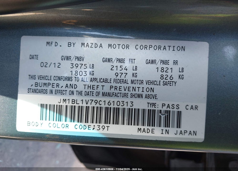 2012 MAZDA 3 I TOURING VIN: JM1BL1V79C1610313