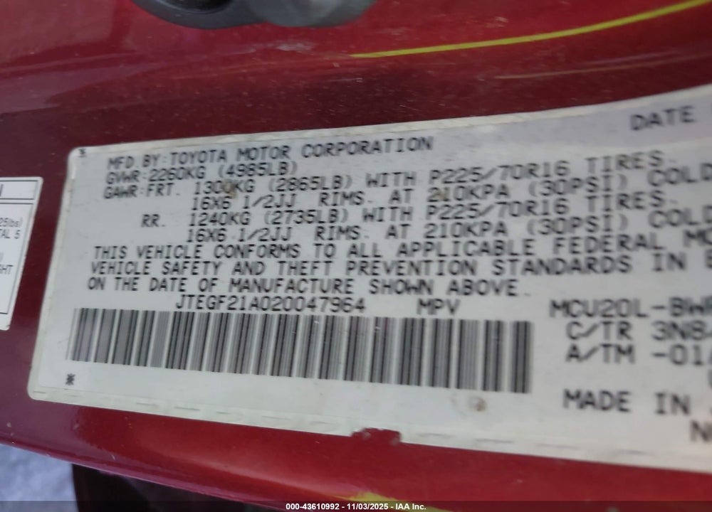 2002 TOYOTA HIGHLANDER V6 VIN: JTEGF21A020047964