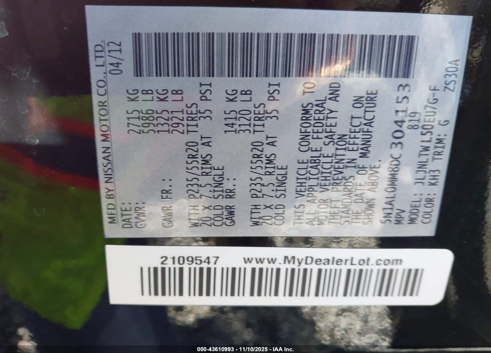 2013 INFINITI JX35 VIN: 5N1AL0MM8DC304153