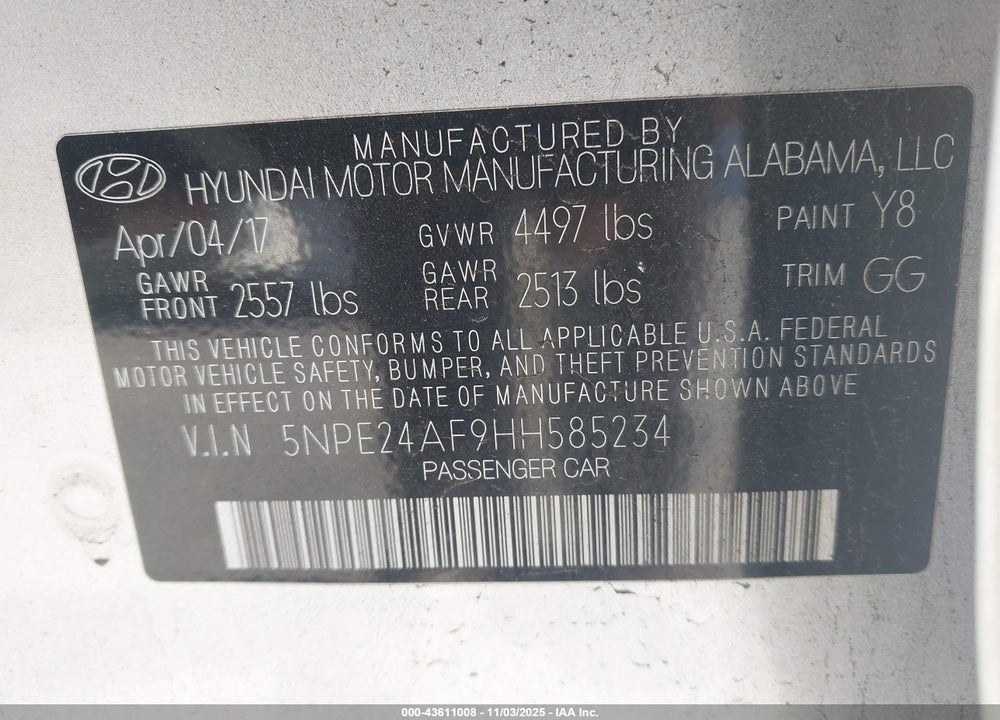 2017 HYUNDAI SONATA VIN: 5NPE24AF9HH585234