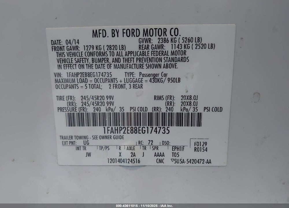 2014 FORD TAURUS SEL VIN: 1FAHP2E88EG174735
