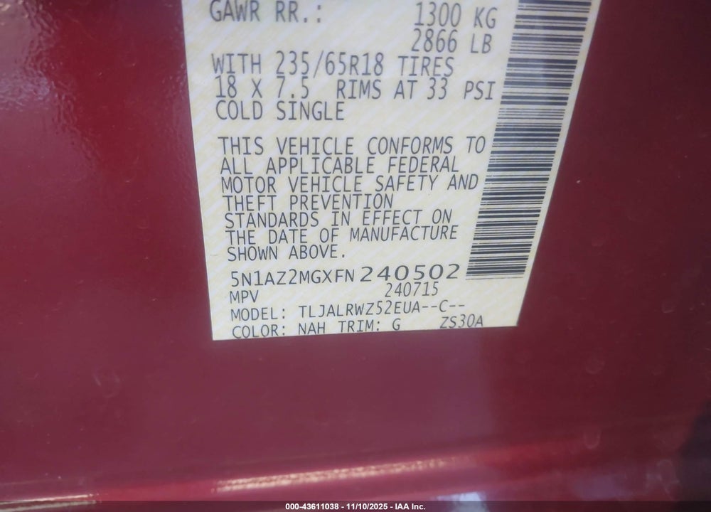 2015 NISSAN MURANO SL VIN: 5N1AZ2MGXFN240502
