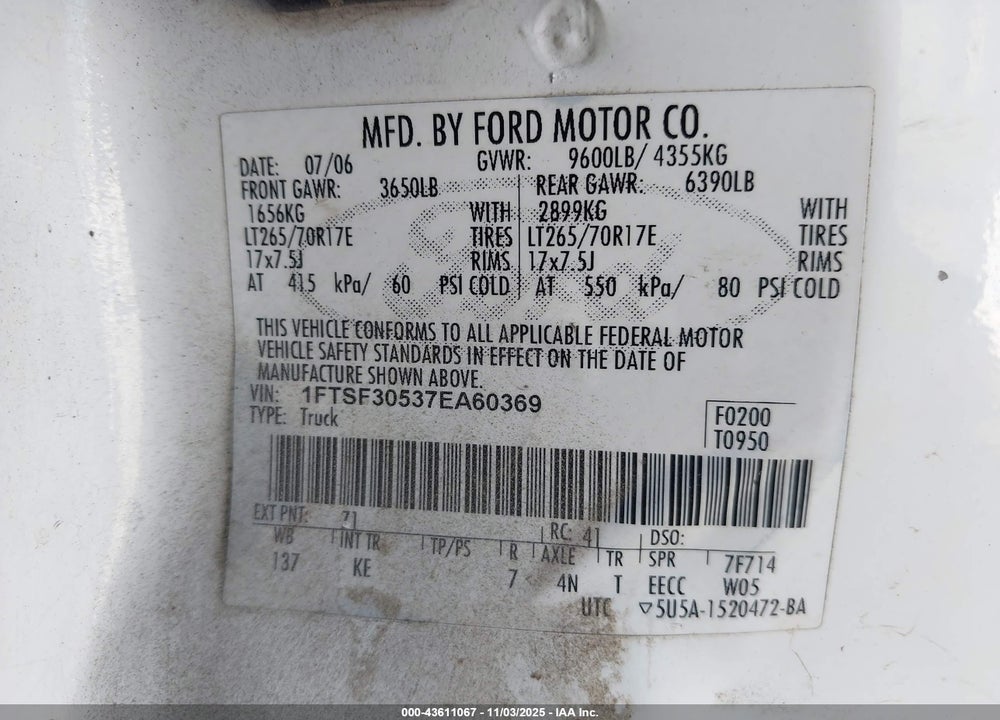 2007 FORD F-350 XL/XLT VIN: 1FTSF30537EA60369