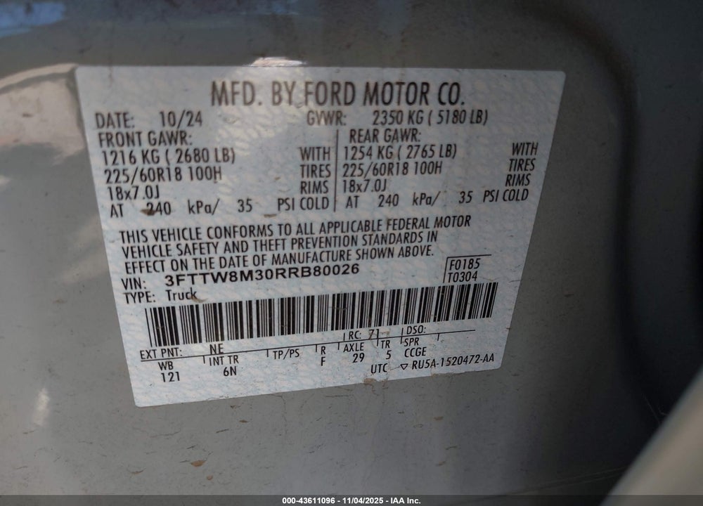 2024 FORD MAVERICK LARIAT VIN: 3FTTW8M30RRB80026