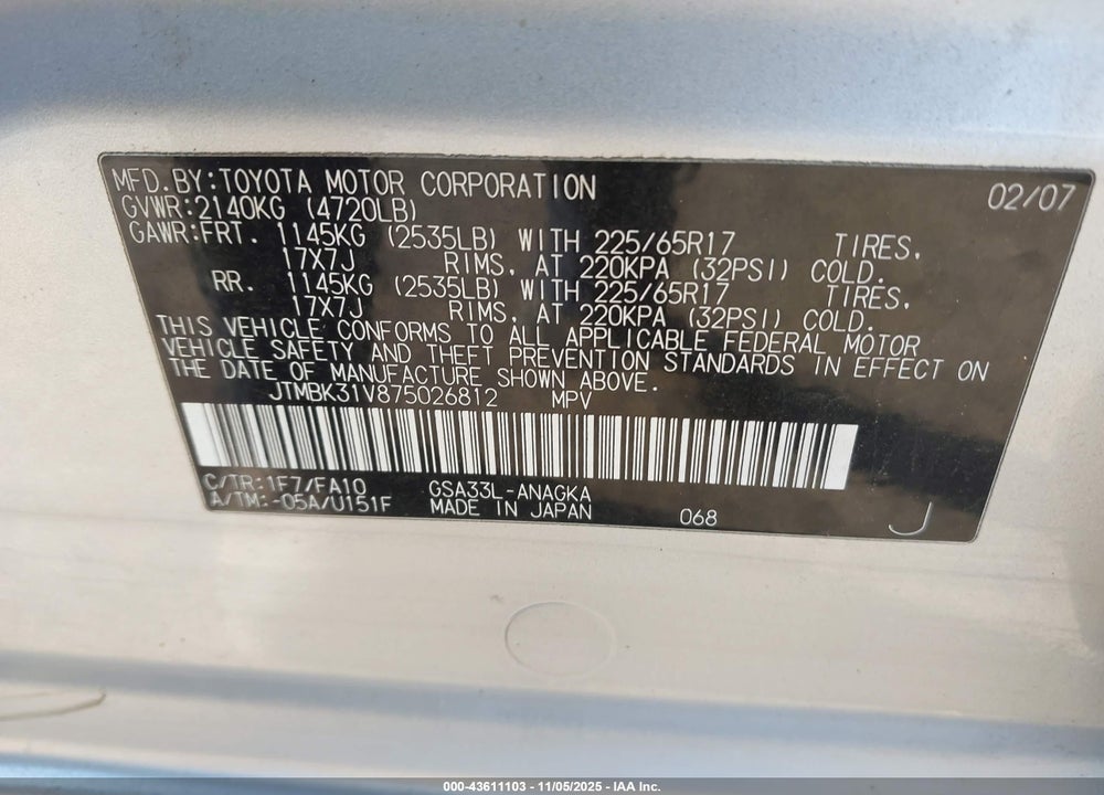 2007 TOYOTA RAV4 LIMITED V6 VIN: JTMBK31V875026812