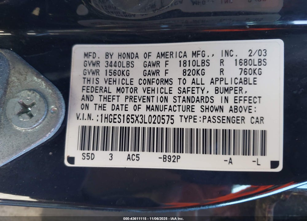2003 HONDA CIVIC LX VIN: 1HGES165X3L020575