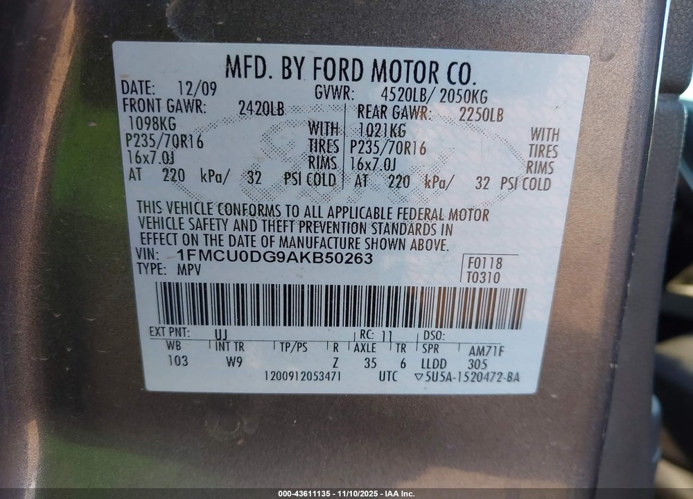 2010 FORD ESCAPE XLT VIN: 1FMCU0DG9AKB50263