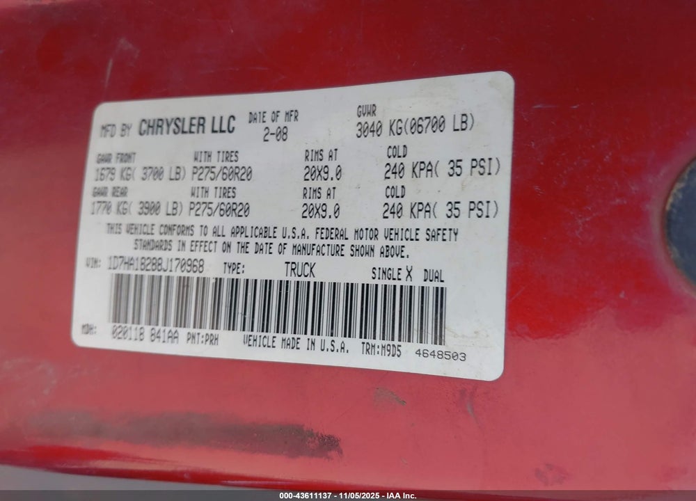 2008 DODGE RAM 1500 SLT VIN: 1D7HA18288J170968