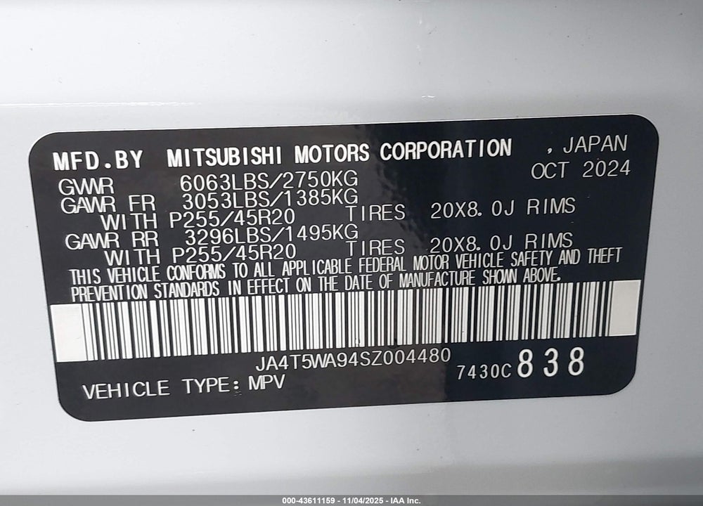 2025 MITSUBISHI OUTLANDER PHEV SEL S-AWC VIN: JA4T5WA94SZ004480