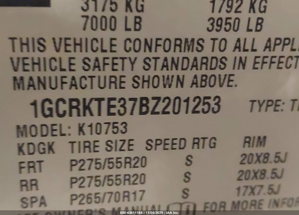 2011 CHEVROLET SILVERADO 1500 LTZ VIN: 1GCRKTE37BZ201253
