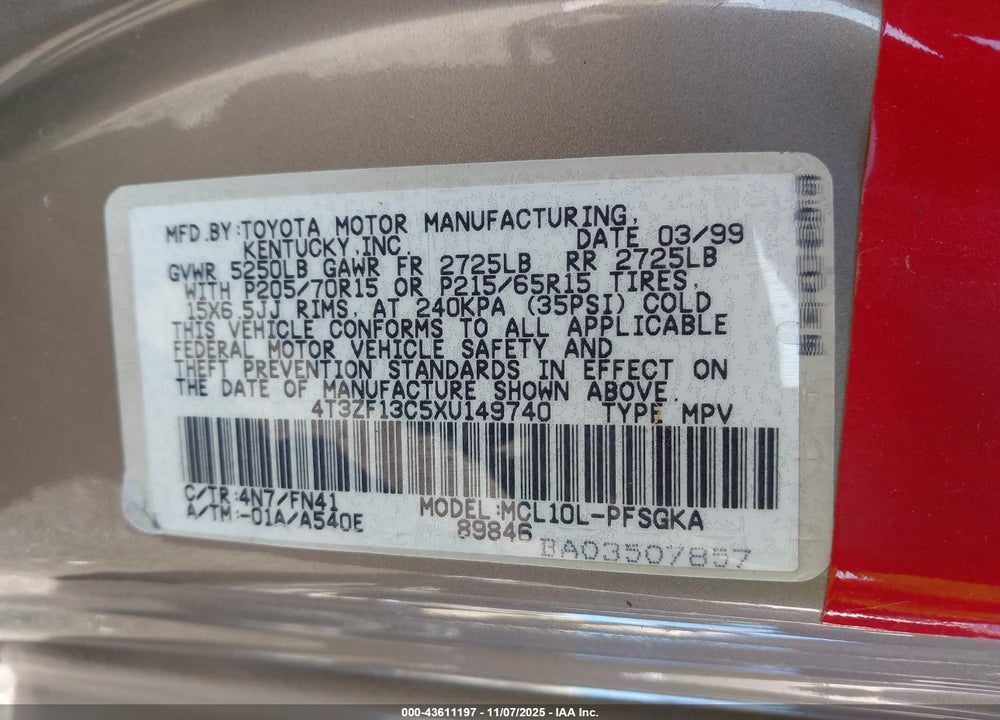 1999 TOYOTA SIENNA LE VIN: 4T3ZF13C5XU149740
