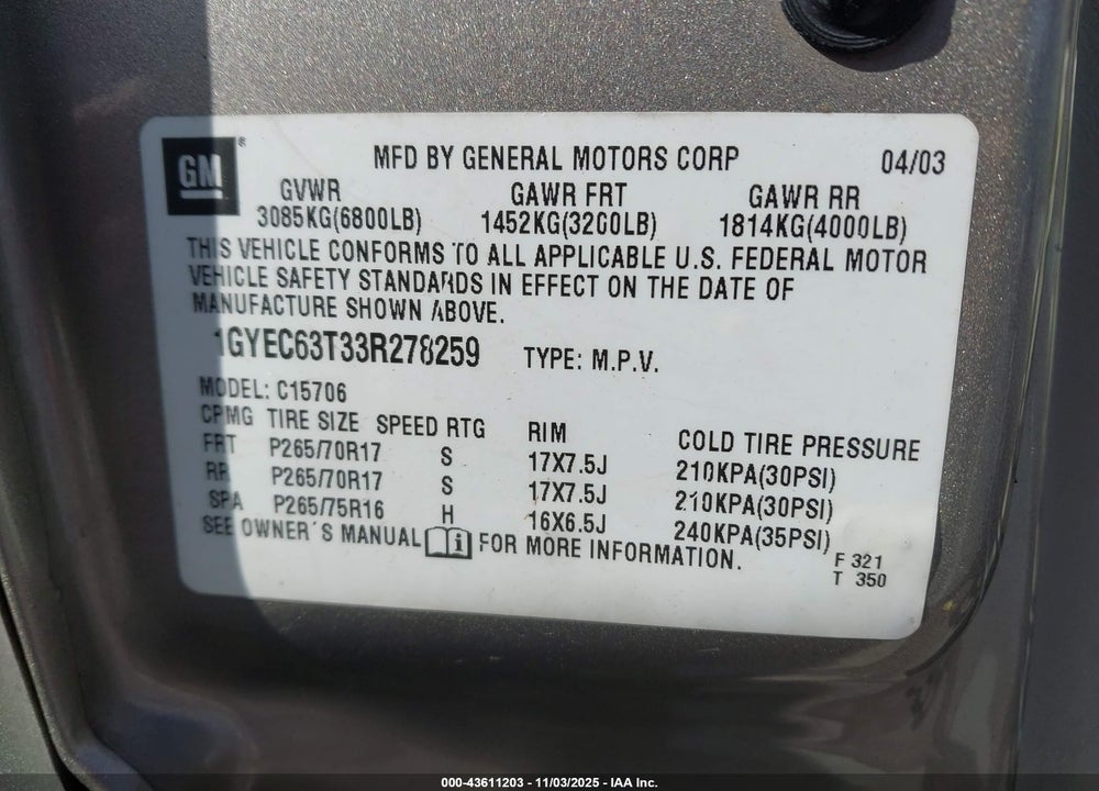 2003 CADILLAC ESCALADE STANDARD VIN: 1GYEC63T33R278259