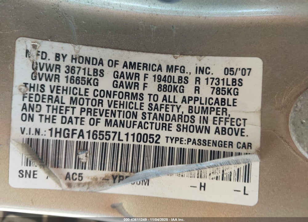 2007 HONDA CIVIC LX VIN: 1HGFA16557L110052