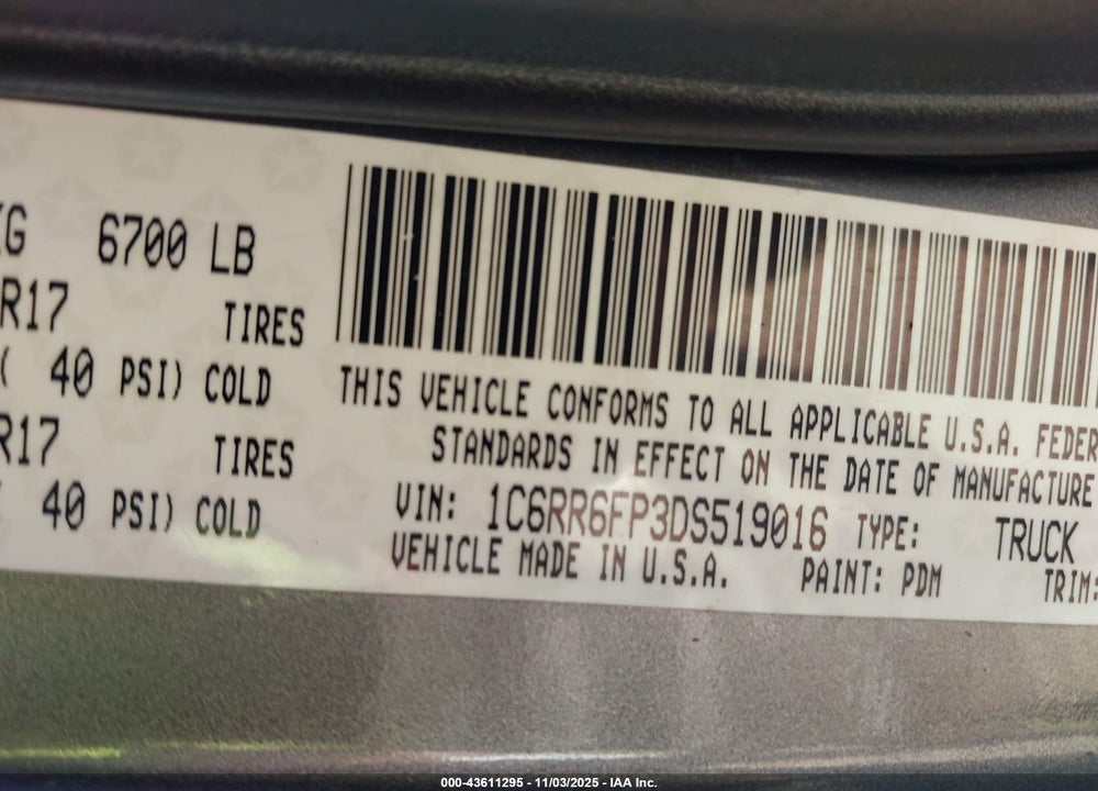 2013 RAM 1500 VIN: 1C6RR6FP3DS519016