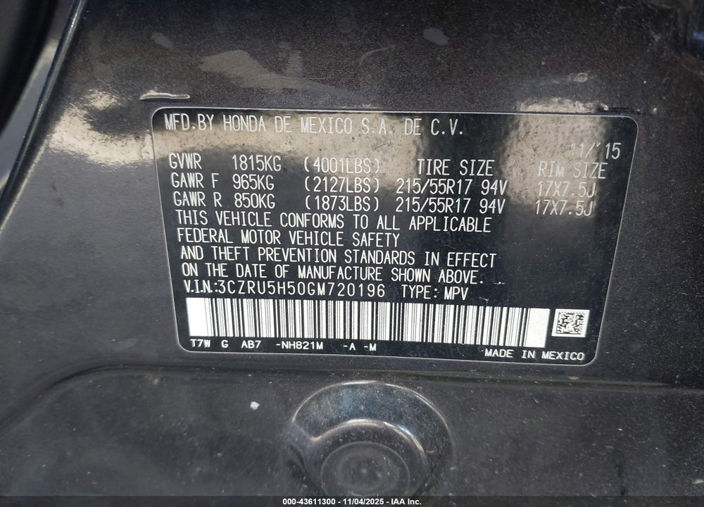 2016 HONDA HR-V EX VIN: 3CZRU5H50GM720196
