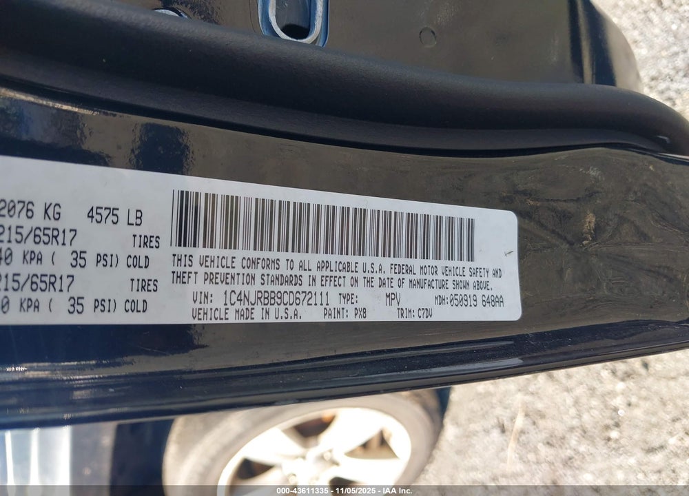 2012 JEEP PATRIOT SPORT VIN: 1C4NJRBB9CD672111