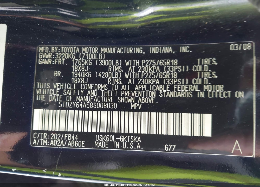 2008 TOYOTA SEQUOIA SR5 5.7L V8 VIN: 5TDZY64A58S008030