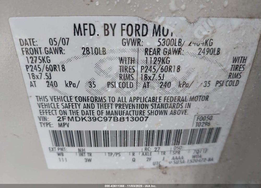 2007 FORD EDGE VIN: 2FMDK39C97BB13007