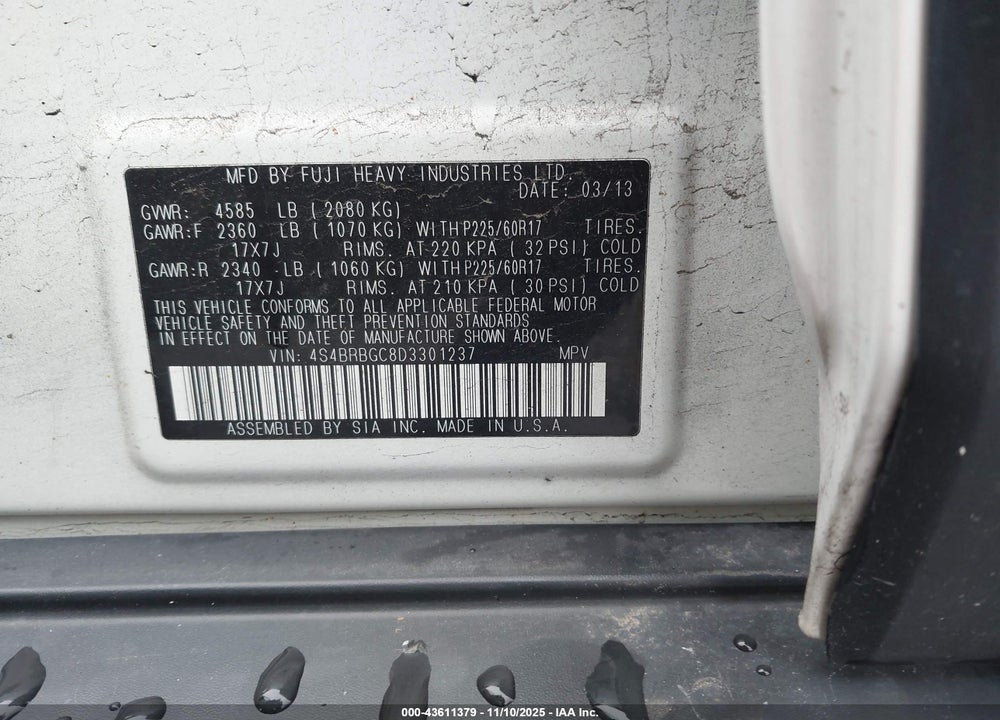 2013 SUBARU OUTBACK 2.5I PREMIUM VIN: 4S4BRBGC8D3301237