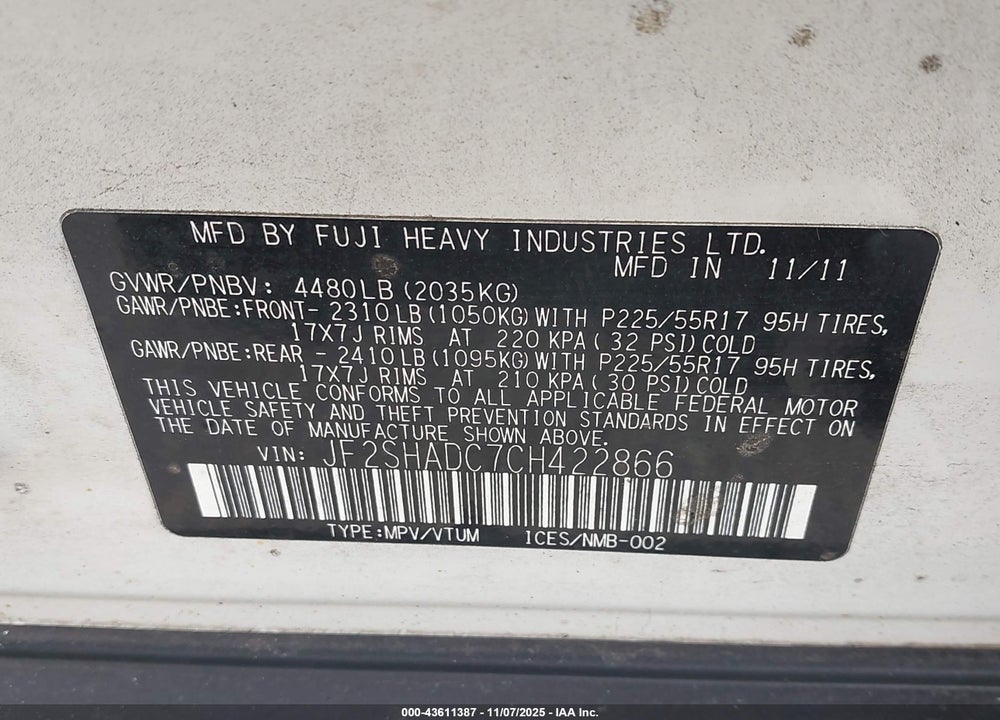 2012 SUBARU FORESTER 2.5X PREMIUM VIN: JF2SHADC7CH422866