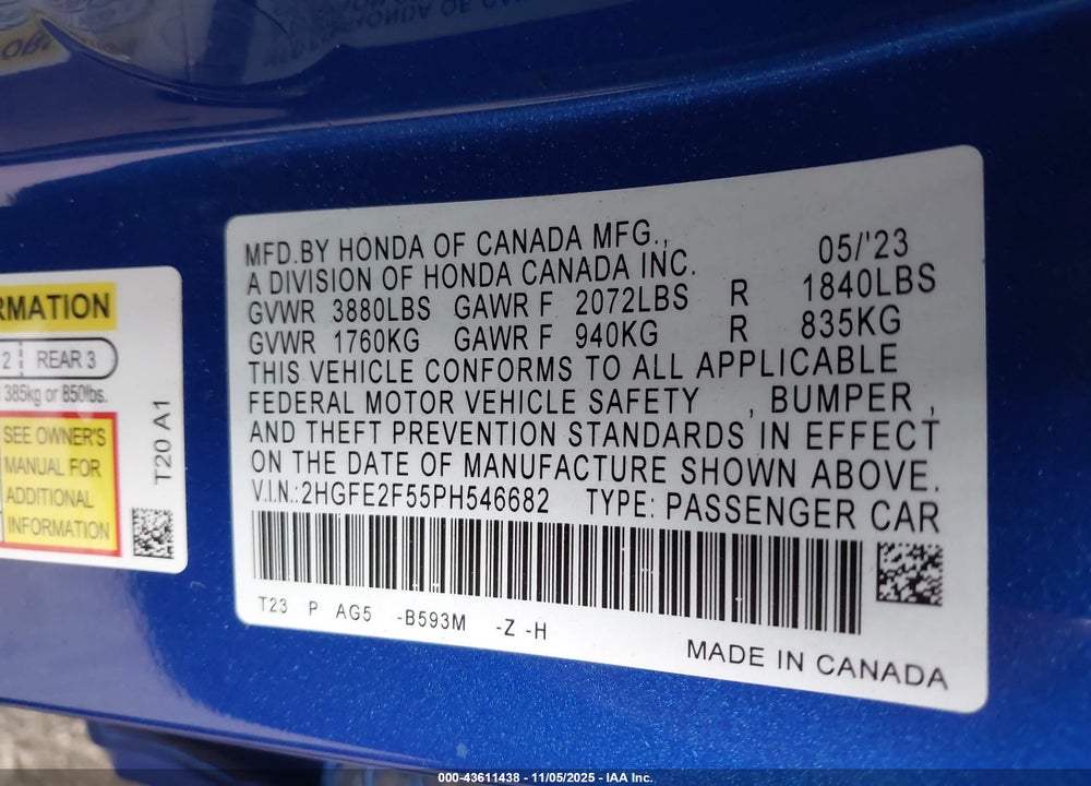 2023 HONDA CIVIC VIN: 2HGFE2F55PH546682